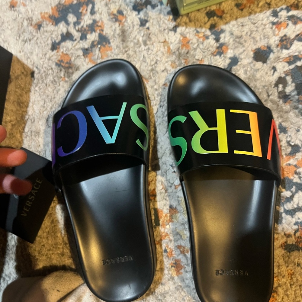 Versace Black Slides with Rainbow Logo